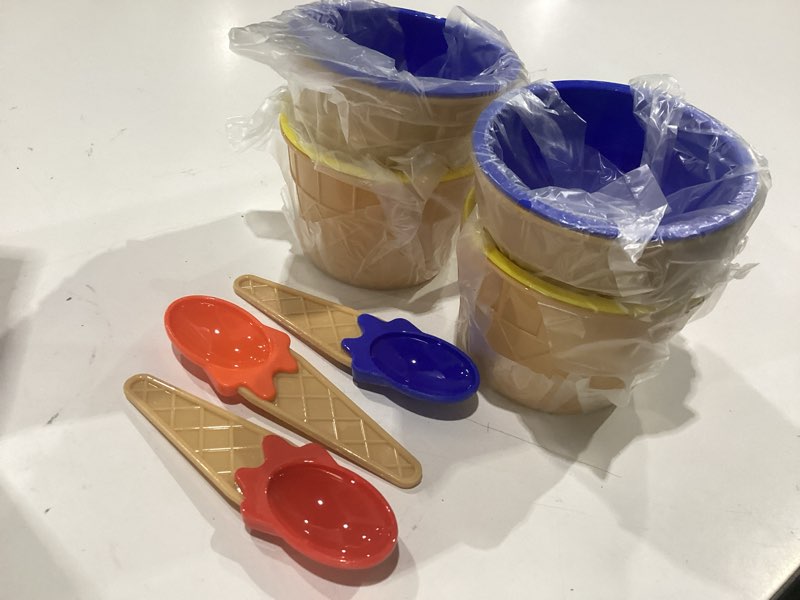 Condition photo showing Good Condition for joyserve ice cream bowls and spoons set - (pack of 12) reusable plastic ice cream cups and waffle cone shaped spoons for dessert, frozen yogurt, gelato, birthday party decorations 12-pcs