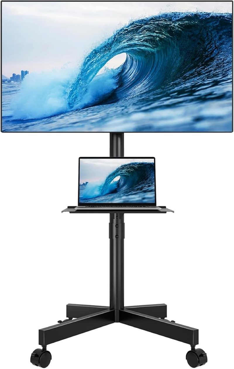 bontec mobile tv stand for 23-60 inch tvs, rolling tv stand with locking wheels, adjustable height, media shelf, max vesa 400x400mm, holds up to 88lbs