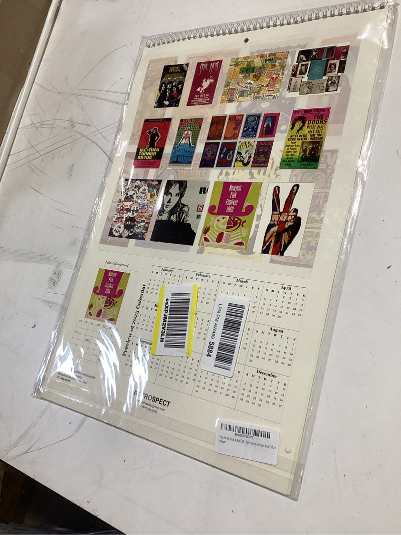 Condition photo showing Good Condition for the art of rock & roll- 2025 wall calendar 12.5x19- legends of rock history depicted on concert ads, album covers-printed on eco-friendly linen paper monthly organizer for home, school and office