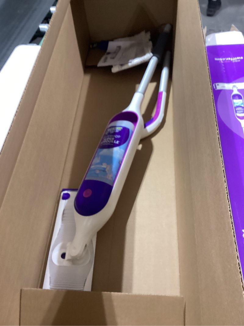 Condition photo showing As Is for Swiffer PowerMop Multi-Surface Mop Kit for Floor Cleaning, Includes PowerMop, 2 Mopping Pad Refills, 1 Cleaning Solution with Fresh Scent and 2 Batteries Purple and White