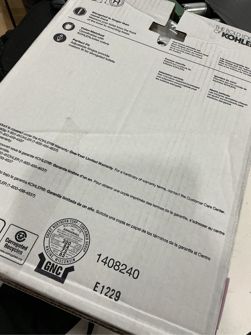Condition photo showing New/Like New for kohler 20110-0 brevia, slow close toilet seat, elongated toilet seat, grip-tight bumpers quick-attach hardware, white white elongated quiet-close