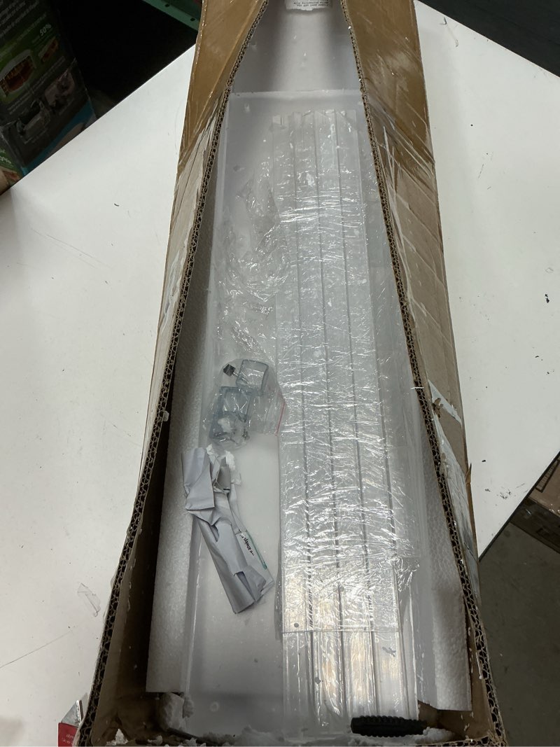 Condition photo showing New/Like New for acrylic narrow console table for entryway 7.6" d x 39.4" w x 31.5" h clear modern skinny bookshelf slim entry table waterfall desk furniture for sofa foyer hallway living room dining room square corner