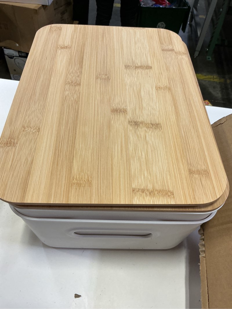 Condition photo showing Good Condition for citylife 2 pcs storage bins with bamboo lids plastic storage containers for organizing stackable storage box with handle, 15.12 x 10.67 x 5.98 inch cream white 2 pcs- large