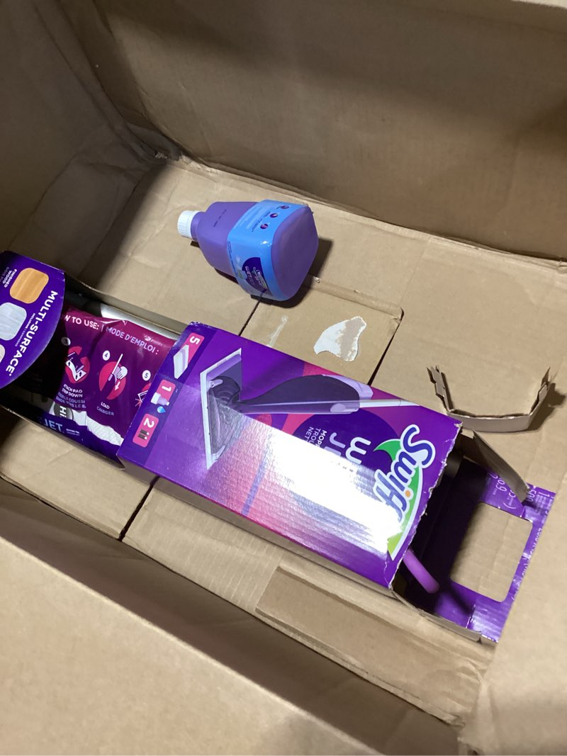 Condition photo showing Good Condition for swiffer wet jet mop, floor cleaner for mopping wood, laminate, tile in home, bathroom, kitchen, all purpose multi-surface cleaning set includes 1 spray mop, 5 pads refill, 1 fresh scent solution dust mop