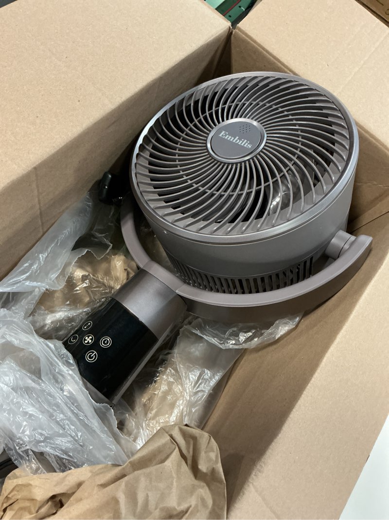 Condition photo showing As Is for airmate pedestal fan for bedroom, 16-speed dc motor standing fan with remote, 90°+90° omni-directional oscillating, 1000cfm airflow, 25ft/s, 16h timer, 27db quiet, adjustable height, grey