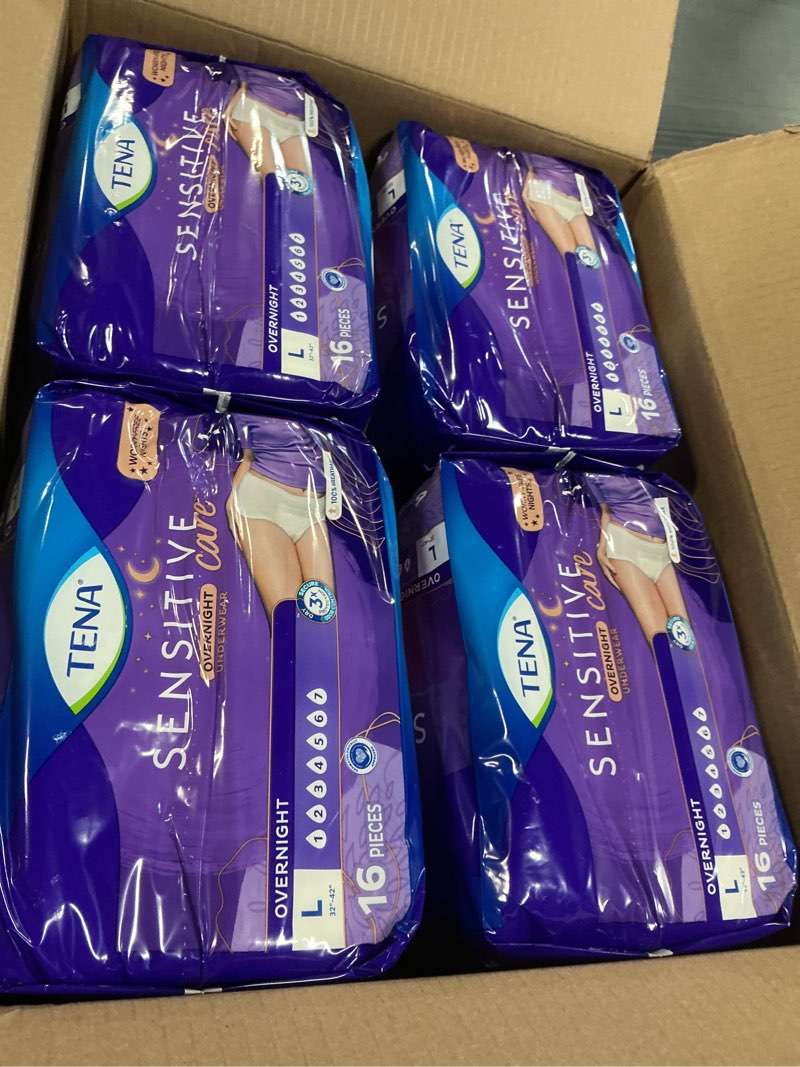 Condition photo showing New/Like New for tena sensitive care overnight incontinence underwear for women, bladder control, postpartum, l, 64 count (waist size 32in-42in)