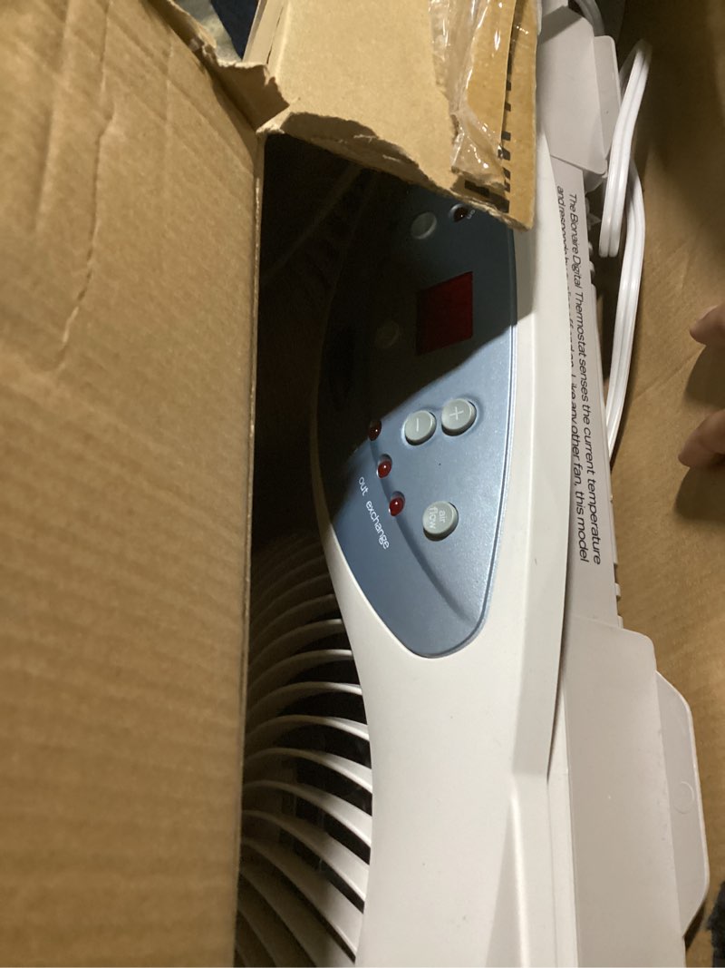Condition photo showing Good Condition for bionaire window fan with reversible airflow blades – 3-speed settings, programmable thermostat, led display, remote control, fits 24–36" windows, no assembly required white 2 blades electronic control with lcd screen window fan