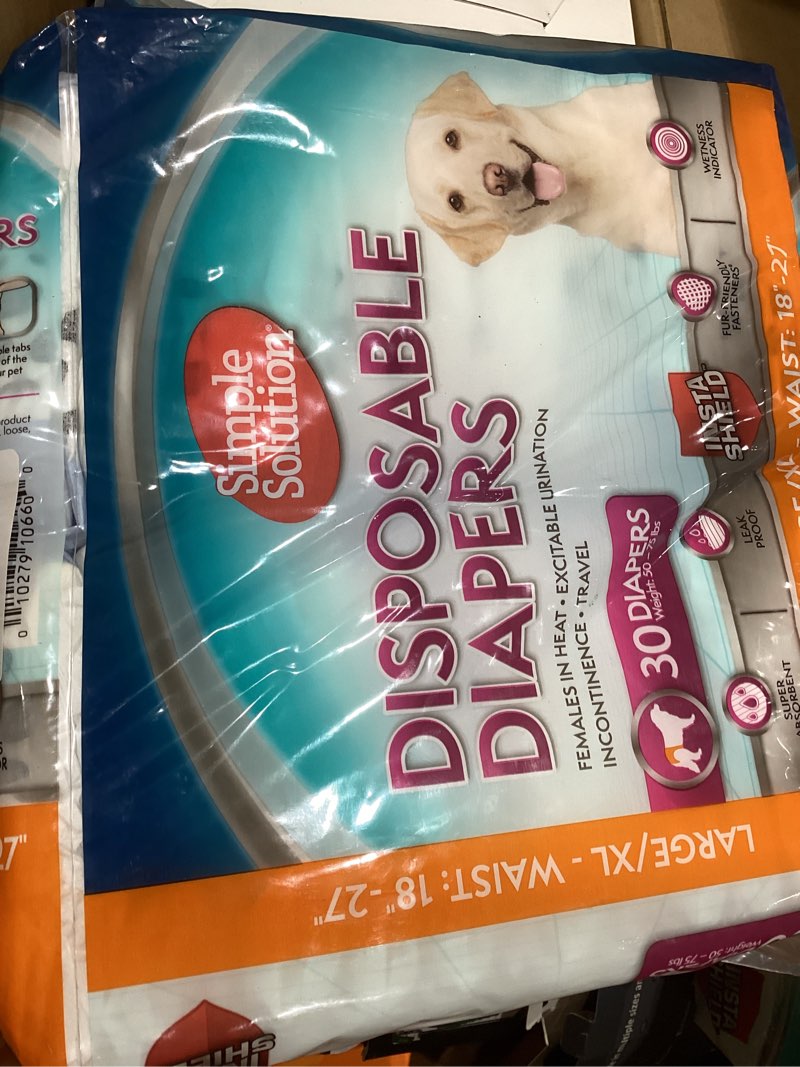 Condition photo showing New/Like New for simple solution disposable dog diapers, female dog diapers, puppy potty training, incontinence and heat cycle protection, large diapers for dogs, 18-27 inch waist, 30 count 30 count l/xl