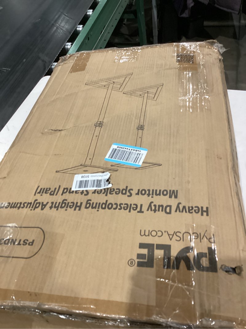 Condition photo showing As Is for Pyle Speaker Stand Pair of Sound Play 1 and 3 Holder - Telescoping Height Adjustable from 26” - 52” Inch High Heavy Duty Three-point Triangle Base w/ Floor Spikes and 9” Square Platform, Black Speaker Amplifier Stand