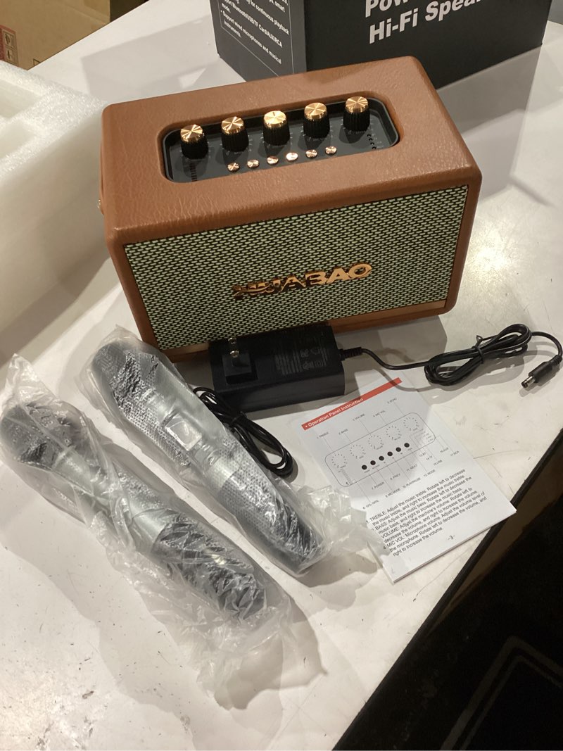 Condition photo showing New/Like New for retro karaoke machine with 2 rechargeable microphones, wireless loud bass bluetooth speaker for adults, support usb/tf/aux/rca, portable pa system for home party, vintage decor, gift (brown)