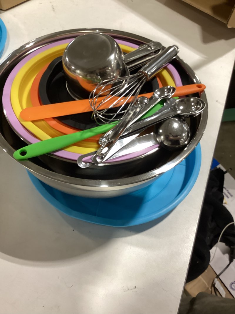 Condition photo showing Good Condition for wepsen mixing bowls with lid set, 25pcs kitchen utensils metal bowl stainless steel nesting bowls, measuring cups and spoons, egg whisk for baking prepping cooking serving supplies colorful bowls set