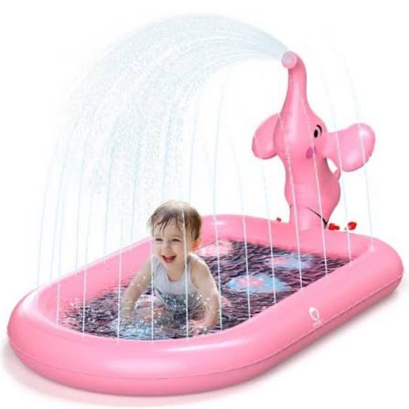 QPAU Elephant Kids Pool with Slide and Sprinkler, Inflatable Play Center with 4 Rings, 72 × 64 × 37