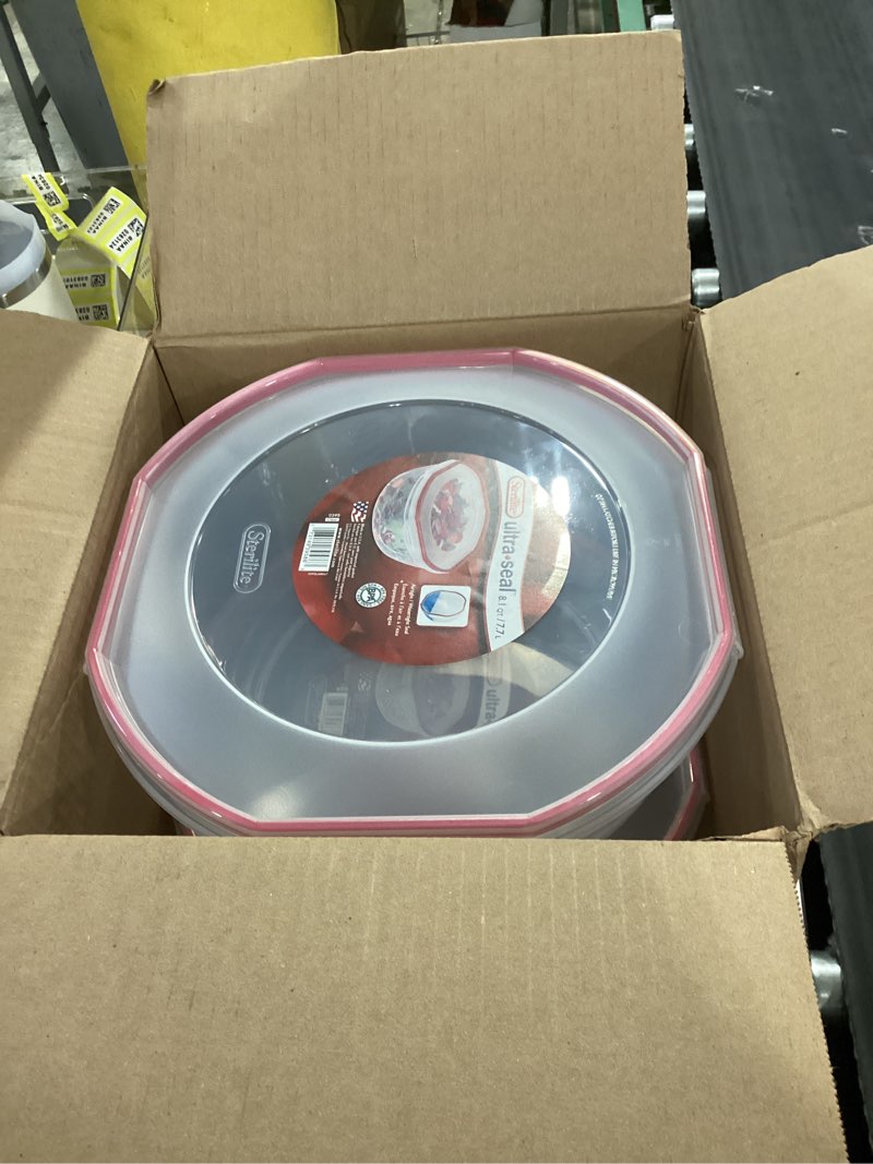 Condition photo showing Good Condition for sterilite ultra-seal 8.1 qt bowl, large airtight food storage container, latching lid, microwave and dishwasher safe, clear with red gasket, 2-pack 8.1 quart 2 pack