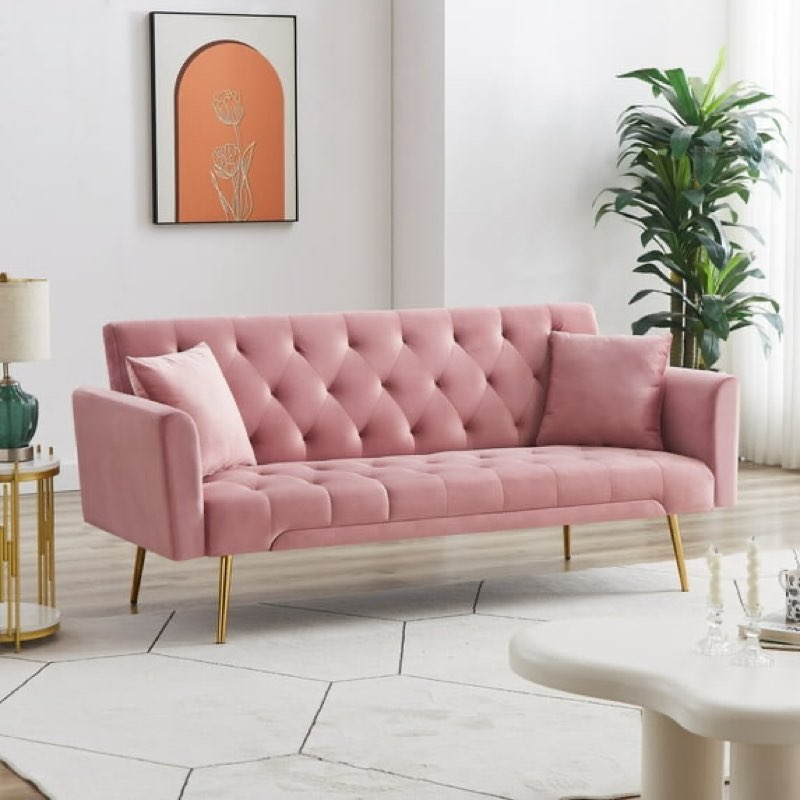 71 inches velvet futon sofa bed with 2 pillows,modern convertible futon couch with adjustable backrest,pink