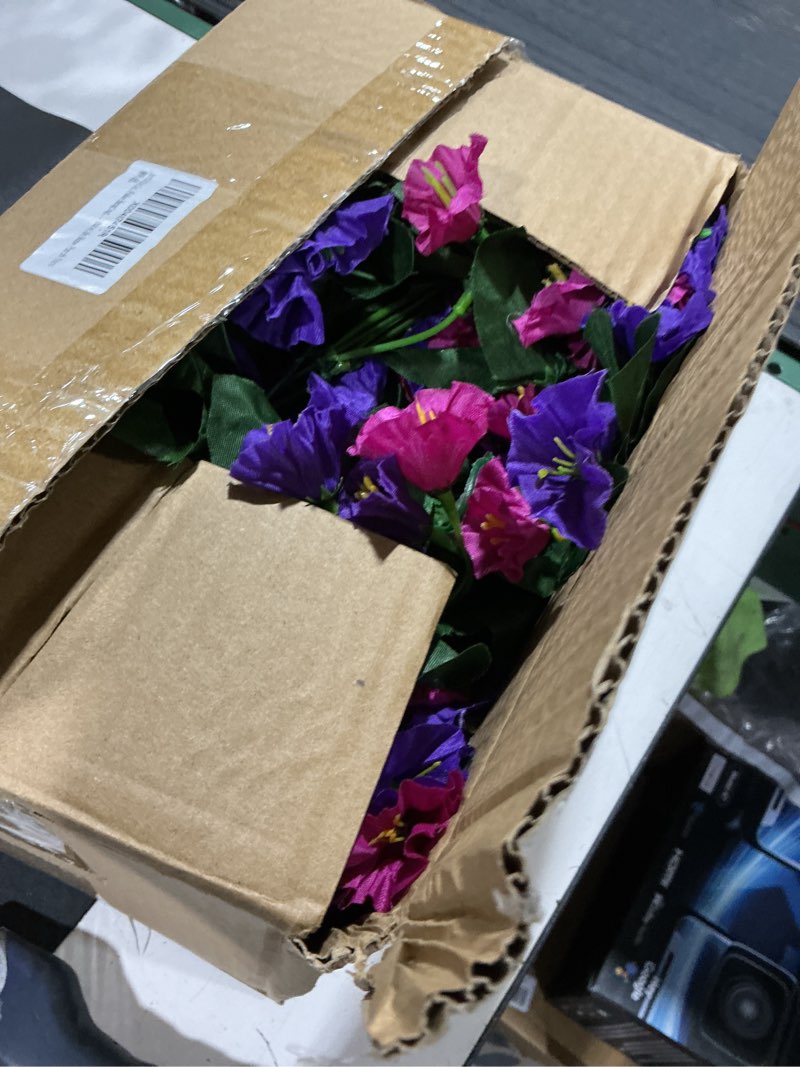Condition photo showing Good Condition for artificial fake hanging flowers in basket for outdoor indoor decoration,uv resistant faux silk dark purple and fuchsia morning glory plants realistic hanging planter for outside home porch yard fuchsia+dark purple morning glory
