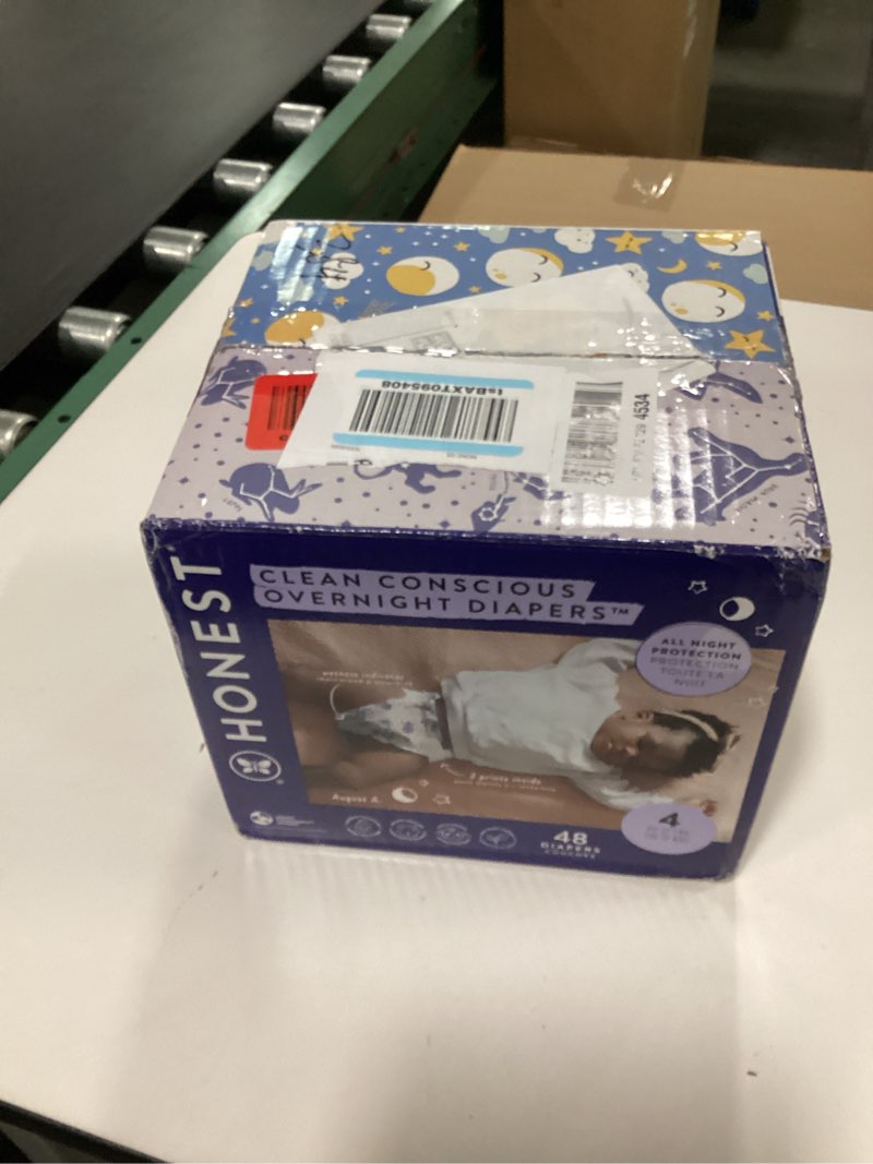 Condition photo showing New/Like New for The Honest Company Clean Conscious Overnight Diapers for Sensitive Skin, Hypoallergenic Fragrance-Free Baby Diapers, Cozy Cloud and Star Signs Design, Club Box, Size 4 (22–37 lbs), 48 Count Size 4 48