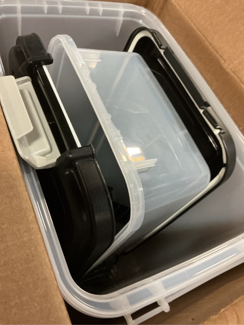 Condition photo showing Good Condition for iris usa dog food storage container, 30 lbs & 11 lbs combo, cat food storage container, dog treat container, airtight, stackable, 2-cup scoop, wheels, easy mobility, black 30 lbs + 11 lbs black
