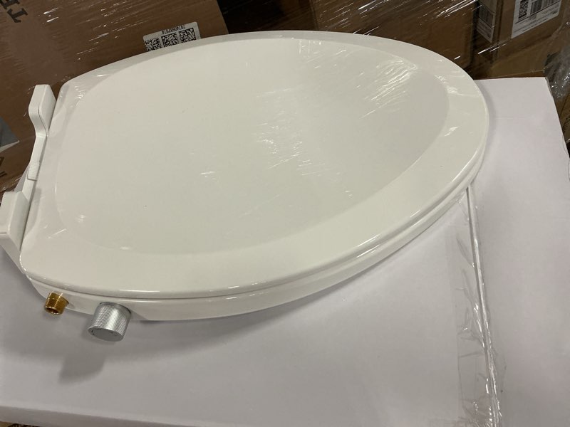Condition photo showing As Is for bidet toilet seat for elongated toilets, non-electric, dual nozzle, soft close, self-cleaning, ambient water temperature, easy installation, reduce toilet paper usage
