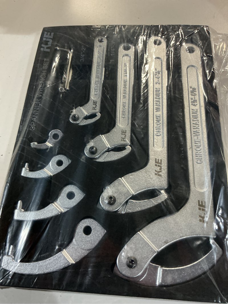 Condition photo showing New/Like New for kje 10pcs adjustable pin spanner nut wrench tool set, c-shape pin hook wrench tools with replaceable heads for pipes heating cars, coilover wrenches for suspension system, bearing, 3/4" to 6-7/10"