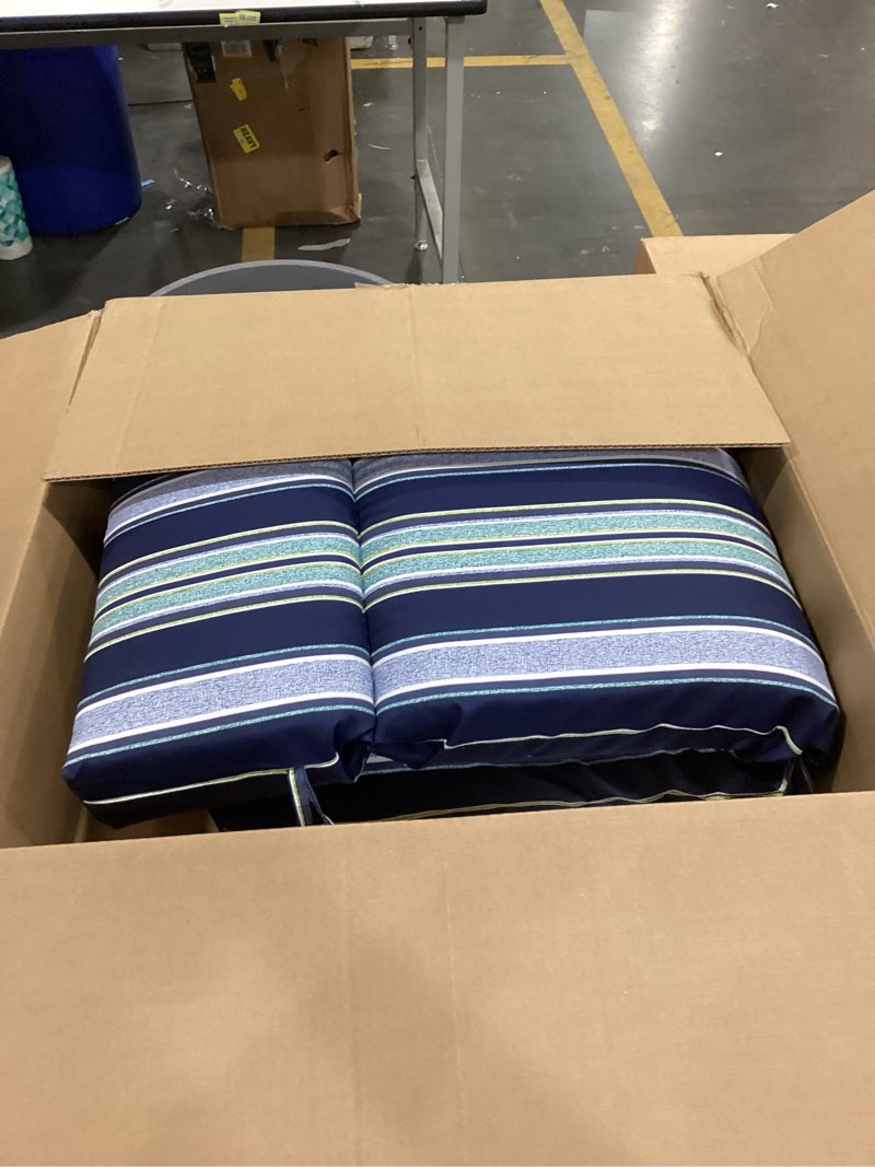 Condition photo showing Good Condition for arden outdoor chair cushion, 21 x 20, rain-proof, fade resistant sapphire aurora blue stripe 21 x 20 cartridge style sapphire aurora blue stripe