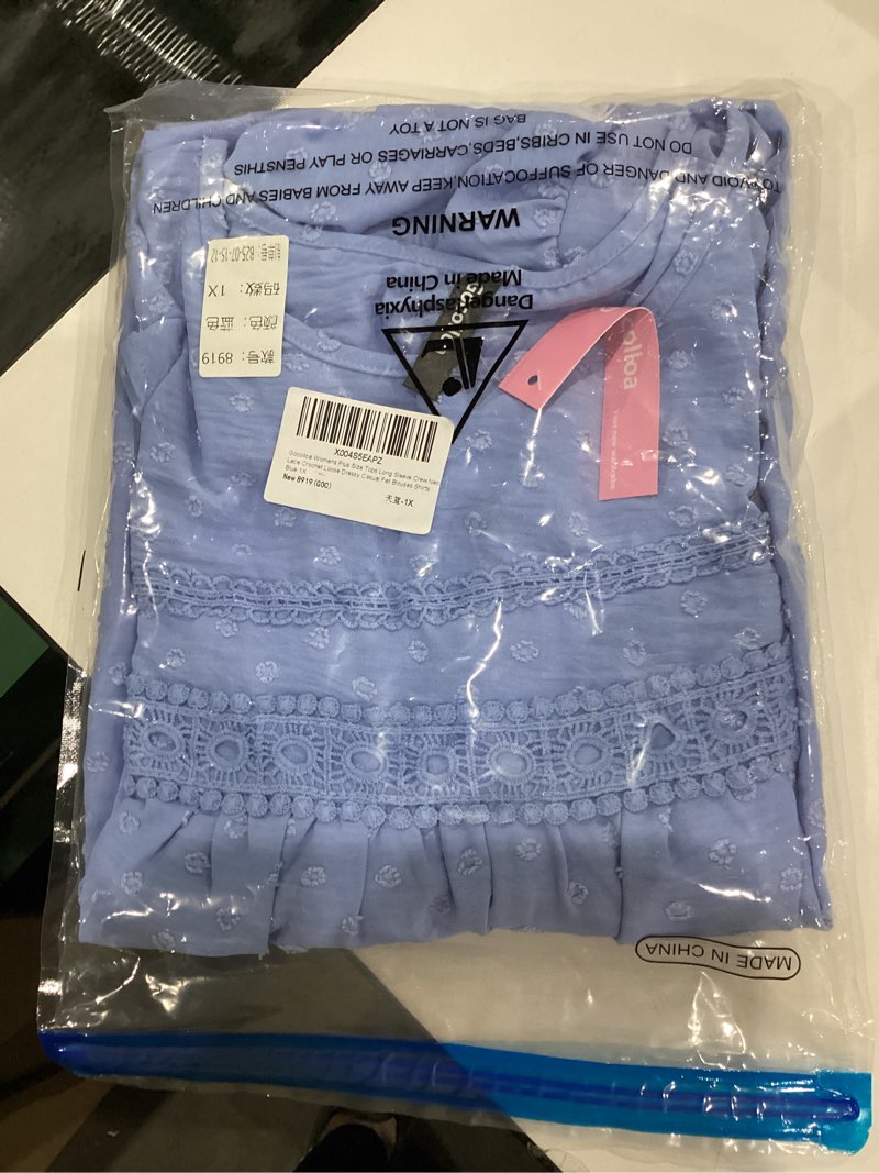 Condition photo showing Good Condition for Womens Plus Size Tops Lace Crochet Chiffon Blouses Long Sleeve Crew Neck Loose Dressy Casual Shirts(1X-4X) 1X Blue