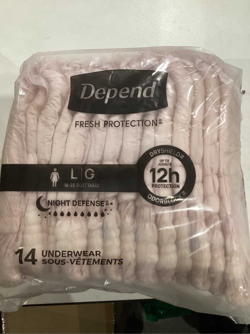 Condition photo showing Good Condition for depend night defense adult diapers, incontinence & postpartum bladder leak underwear for women, disposable, overnight, large, blush, 14 count, packaging may vary large 14