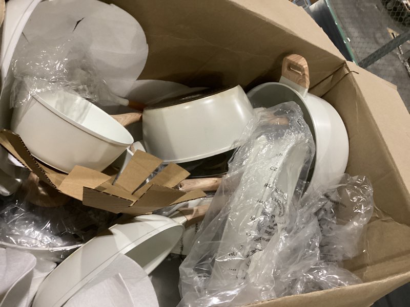 Condition photo showing As Is for used incomplete 24-piece pots and pans set non stick, titanium-reinforced ceramic cookware set, long-lasting nonstick, pfas-free, induction compatible, complete kitchen set for everyday cooking 24-pc cream white