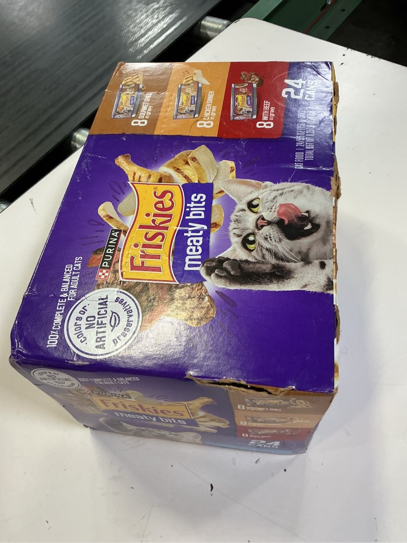 Condition photo showing New/Like New for (bb:jan,2028)purina friskies gravy wet cat food variety pack, meaty bits - (pack of 24) 5.5 oz. cans variety pack: meaty bits 5.5 ounce (pack of 24)