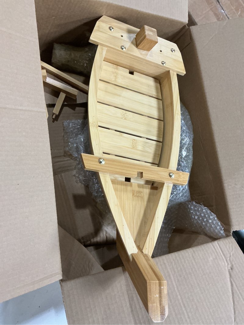 Condition photo showing As Is for wooden sushi boat serving tray, 20.5 inch sushi plate for restaurant or home, large size sushi tray serving boat plate for restaurantware (52cm/20.5inch) 28" x 9.4" x 3"