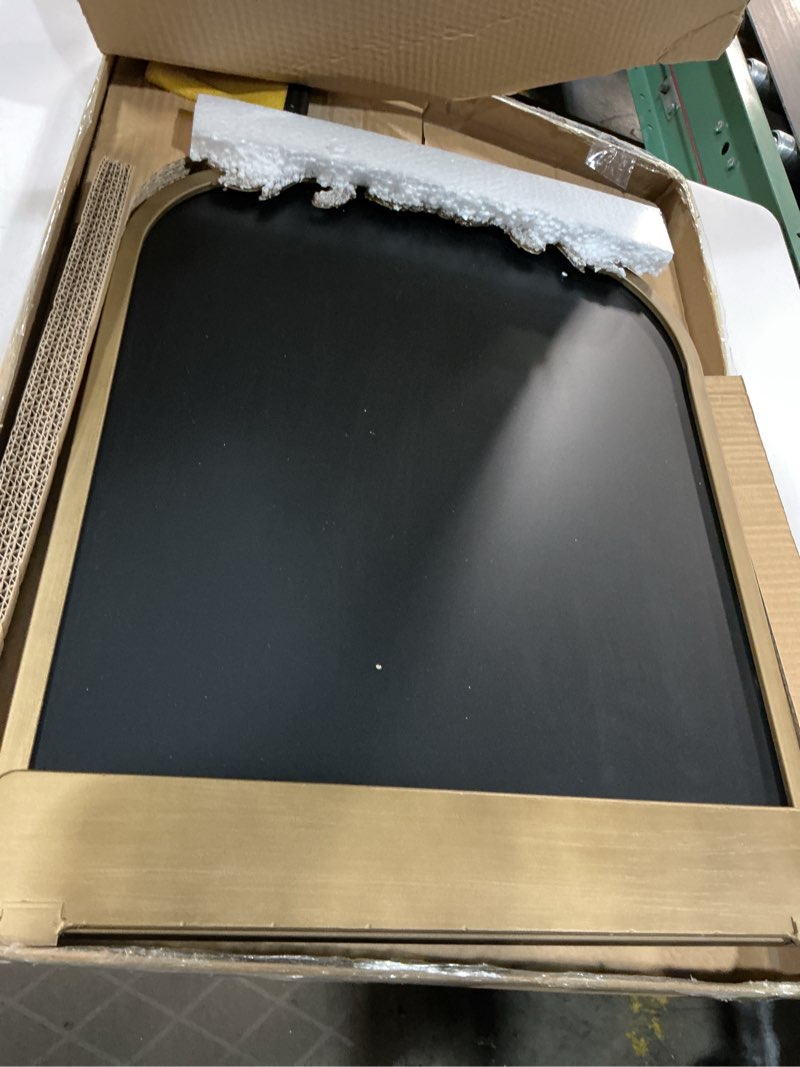 Condition photo showing Good Condition for vintage magnetic arch chalkboard with shelf - 18"x24" decorative wall mounted ornate gold framed blackboard with chalk, clips & cloth - elegant wedding sign & kitchen menu home decor 24"w x 18"h gold