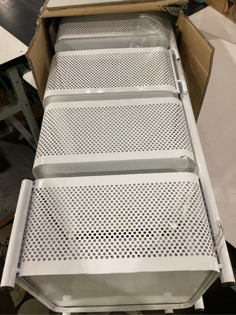 Condition photo showing As Is for rotating kitchen storage rack, 4 tier rolling cart with fruit and vegetable basket, white storage organization dolly cart with wheels for bathroom, kitchen and bedroom