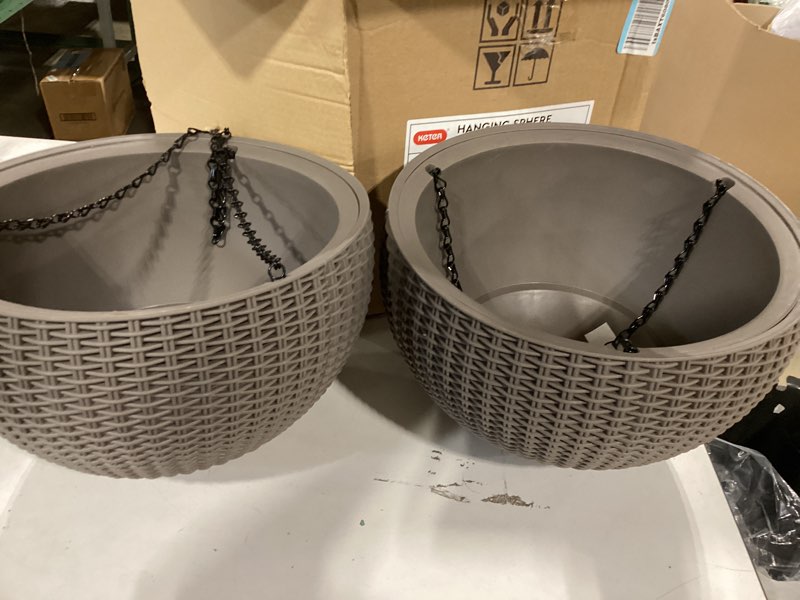 Condition photo showing Good Condition for keter resin rattan set of 2 round hanging planter baskets for indoor and outdoor plants-perfect for porches and patio decor, cappuccino taupe