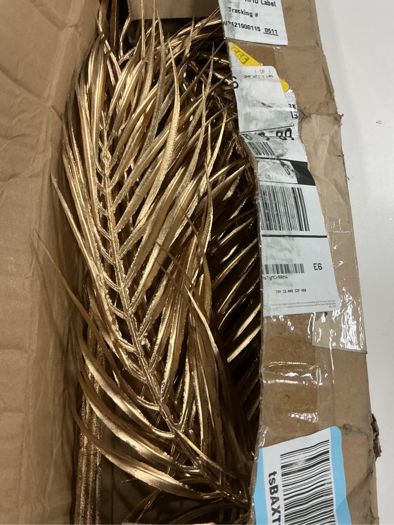 Condition photo showing As Is for 29” Large Gold Palm Leaves Palm Fronds Tropical Leaves Areca Palm Branches Artificial Palm Leaves with Stem Golden Palm Tree Leaves Faux Palm Leaves for Floral Arrangement Fake Gold Leaves 6Pcs Gold#29"-6p