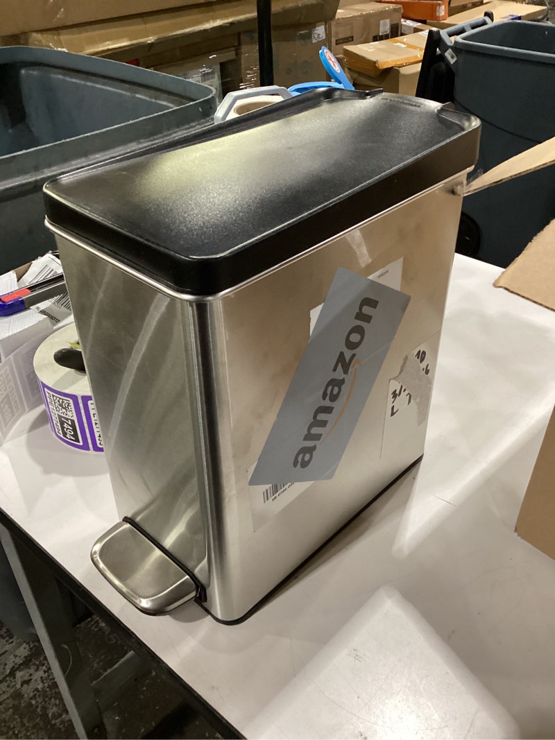 Condition photo showing Good Condition for simplehuman 10 liter / 2.6 gallon bathroom slim profile trash can, brushed stainless steel with plastic lid