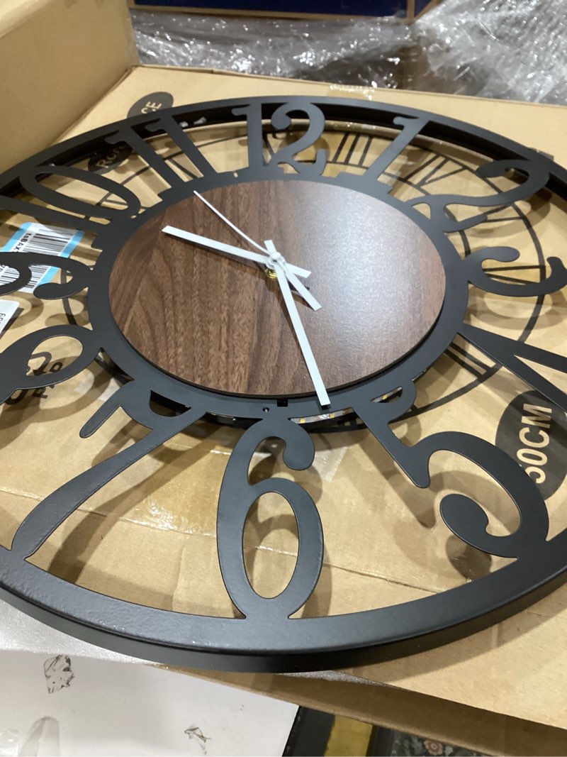 Condition photo showing As Is for 20'' silent wall clock with adjustable night light, glow in the dark decorative wall clock battery operated, rustic modern metal & wood clocks for living room decor, arabic numerals black walnut - arabic numerals 20 inch(50 cm)