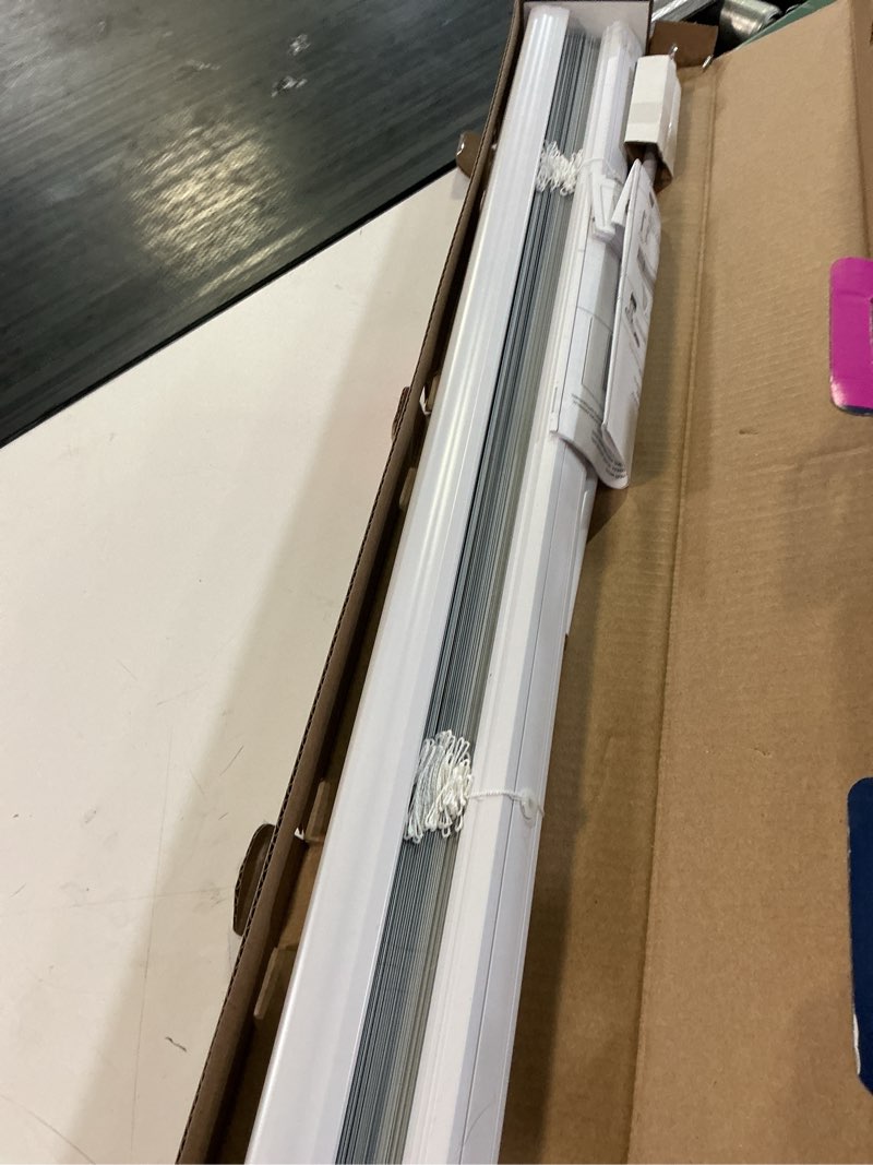 Condition photo showing As Is for levolor trim+go 1-in slat width 31-in x 72-in cordless white aluminum room darkening mini-blinds