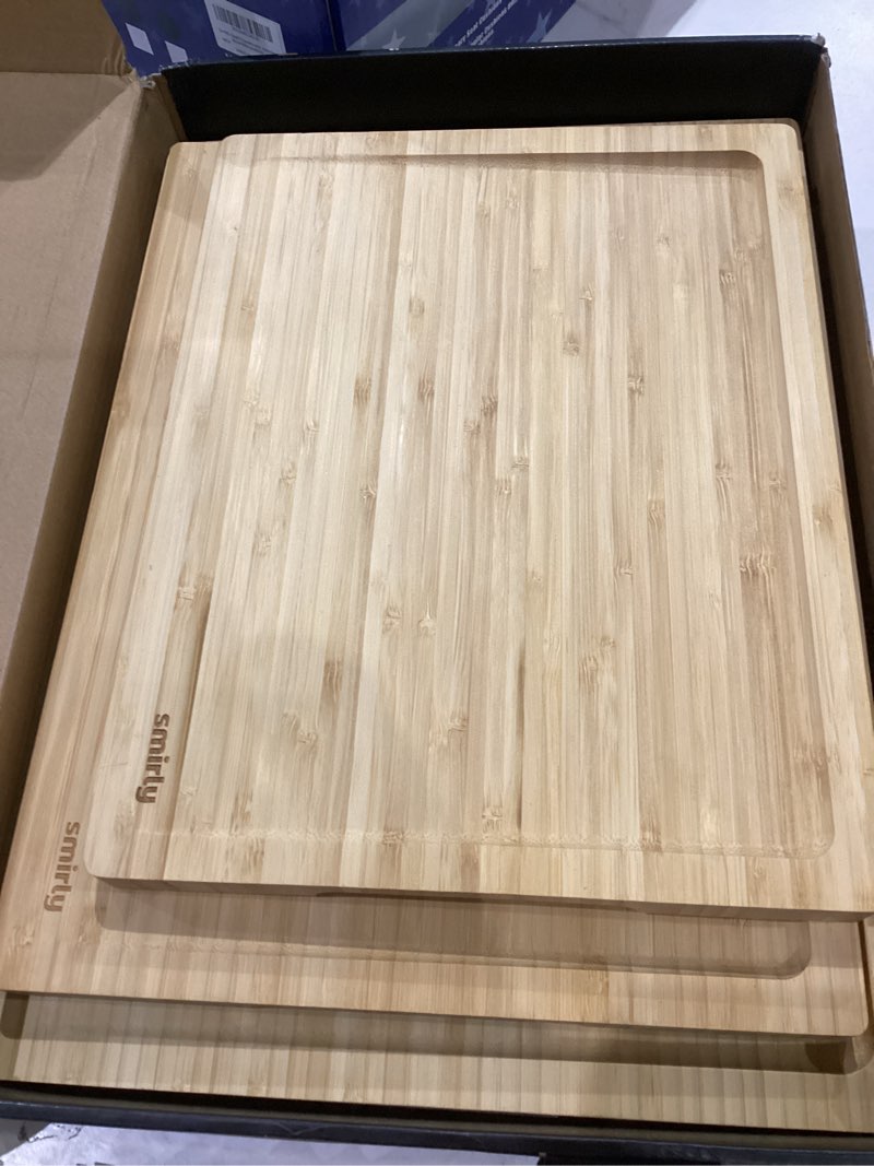 Condition photo showing Good Condition for SMIRLY Wooden Cutting Boards For Kitchen Meal Prep & Serving - Bamboo Cutting Board Set with Holder, Charcuterie & Chopping Board, Wood Cutting Board Set, Kitchen Gadgets 3 Pack With Holder Natural Bamboo