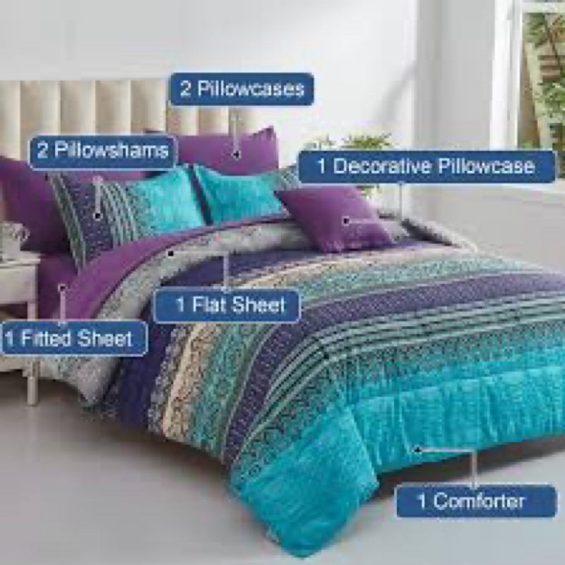 Cottolester Boho Queen Size Comforter Set 8 Pieces,Green and Brown Bohemian Striped Bed in a Bag,Flo