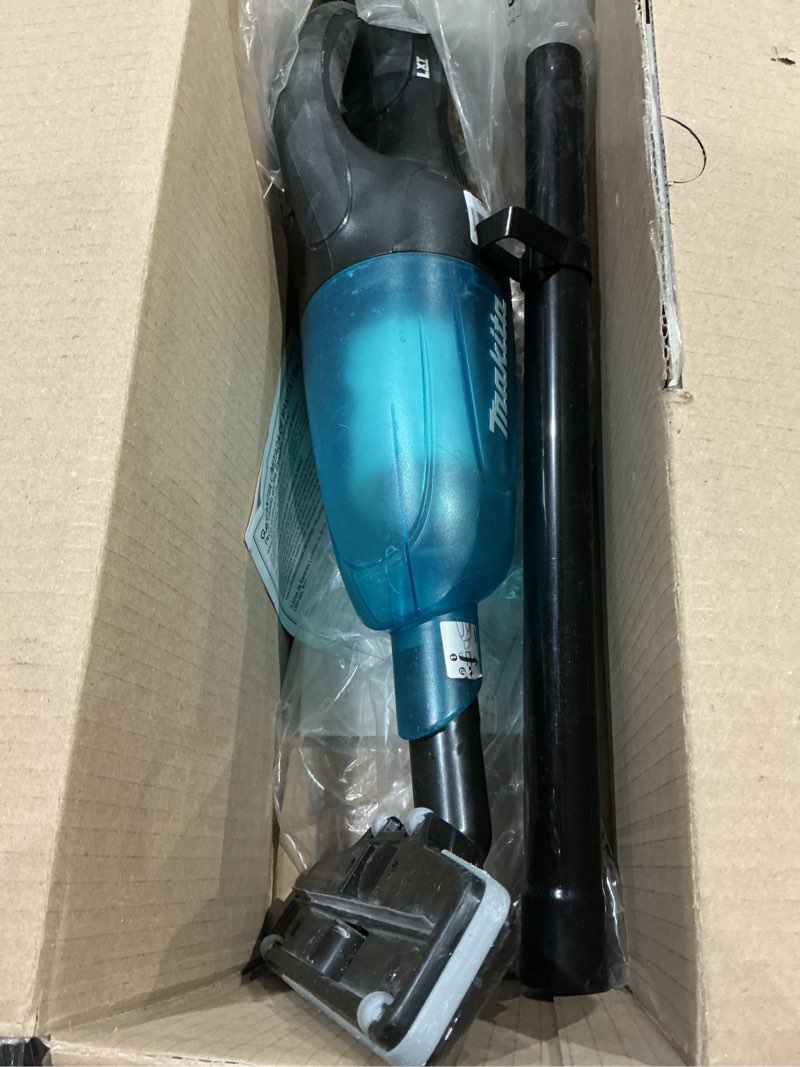 Condition photo showing As Is for incomplete missing battery and attachments makita xlc02r1b 18v lxt lithium-ion compact cordless vacuum kit (2.0ah), black/greenish blue