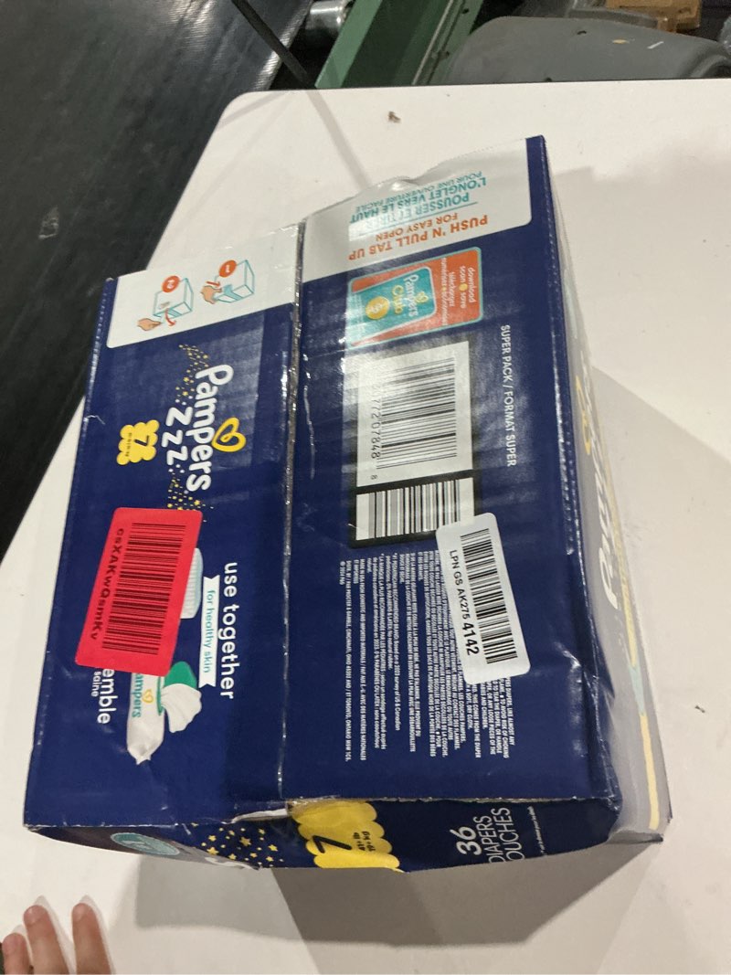 Condition photo showing New/Like New for pampers zzz overnight diapers, size 7 (41+ lbs), 36 count, nighttime protection disposable baby diaper, night time leak and skin protection size 7 36