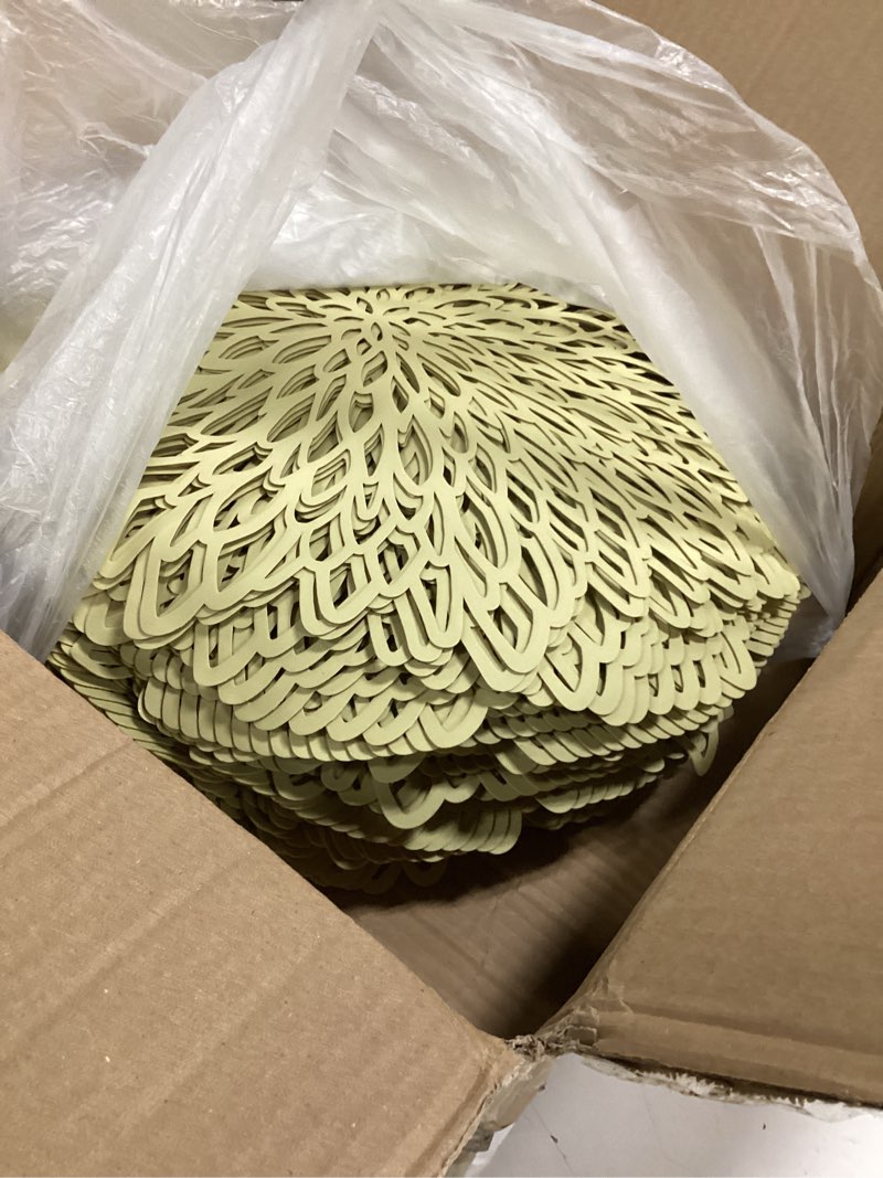 Condition photo showing Good Condition for chengu 100 pieces round pressed vinyl placemats metallic hollow out leaf flower table mats decorative wedding round placemat for holiday party reception home kitchen dining table(gold)