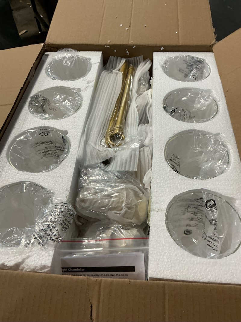 Condition photo showing New/Like New for Sucolite 33.5'' 8-Light Chandelier for Dining Room Kitchen Island, Modern Farmhouse Pendant Lighting with Glass Shades Industrial Gold Hanging Ceiling Light Fixture for Living Room, Height Adjustable Gold 8 Light