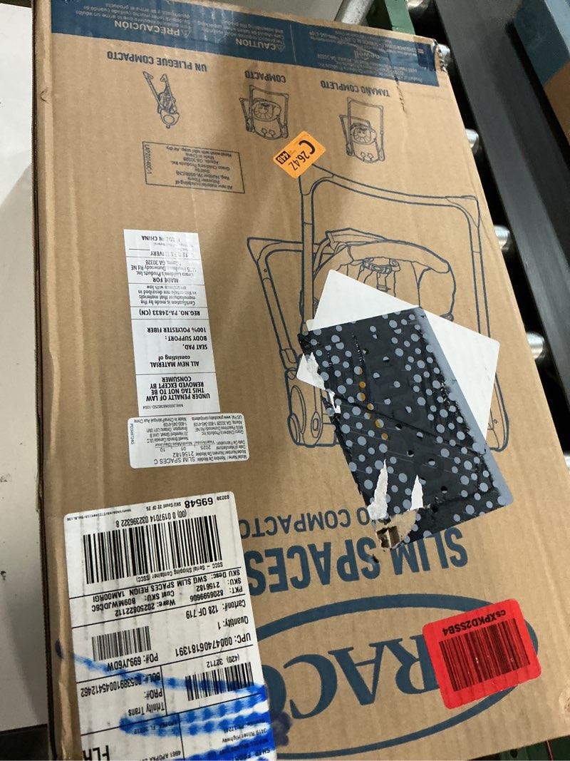 Condition photo showing New/Like New for graco slim spaces compact baby swing, space saving portable bay swing with height adjustable legs & soft toys, reign