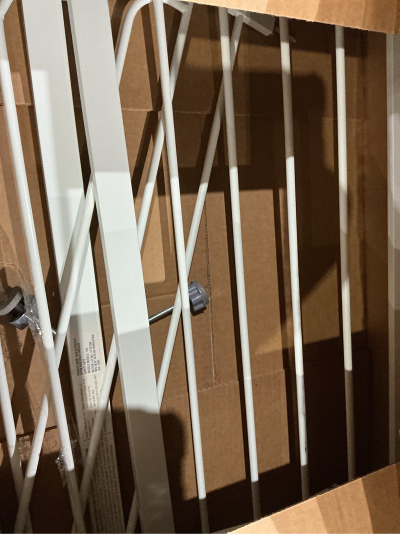 Condition photo showing As Is for regalo safety 38" baby gate for doorways & bottom of stairs, pressure mount design for babies, toddlers & pets, tested & safe for 30 years, american designed, american owned, white white 29-38.5"w x 30"h