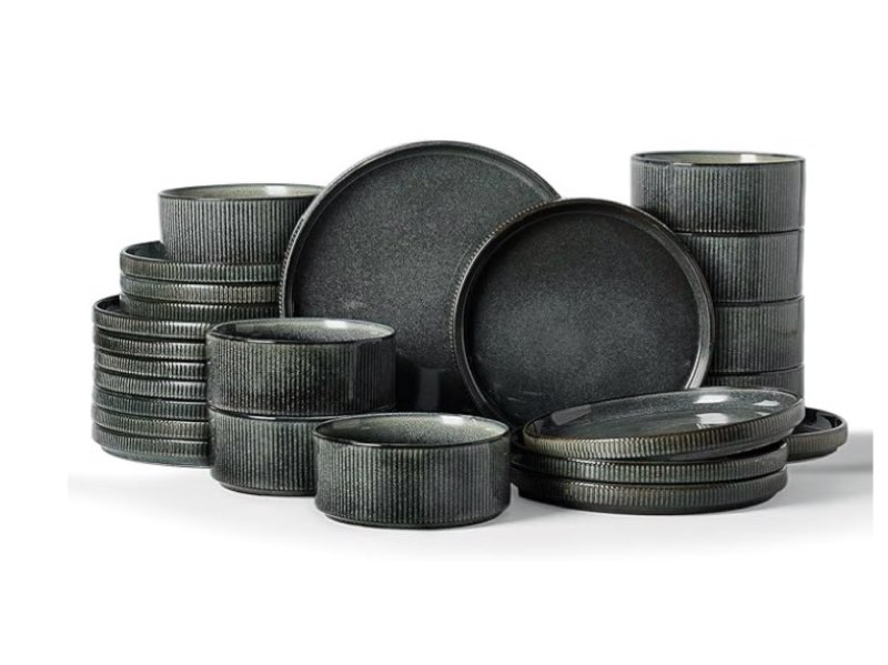 famiware star dinnerware set, plates and bowls sets for 8 (24pcs), ribbed stoneware dishes - chip & 