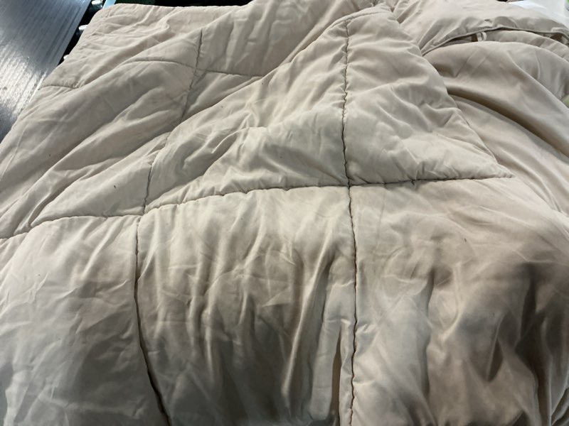 Condition photo showing As Is for easeland queen size down alternative comforter - quilted duvet insert for all seasons, soft lightweight with corner tabs, summer winter warm bedding, beige 88×88 inches queen beige