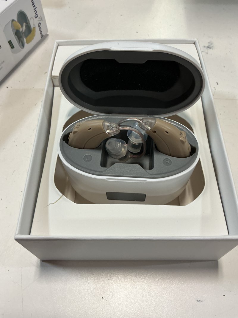 Condition photo showing New/Like New for hearing aids for seniors, lightweight rechargeable hearing amplifiers for adults hearing loss, portable behind-the-ear hearing amplifiers with noise cancelling, charging case & stepless volume control