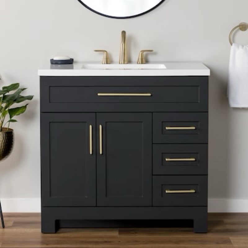 sink piece broken Style Selections Cauley 36-in Black Single Sink Bathroom Vanity with White Cultured Marble Top