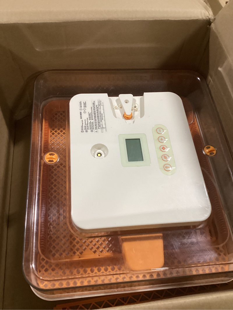Condition photo showing As Is for 48 egg incubator for hatching eggs with automatic egg turning, 110v 85w temperature and humidity control, 360° view window with egg candler, for chicken, duck, quail eggs (orange)