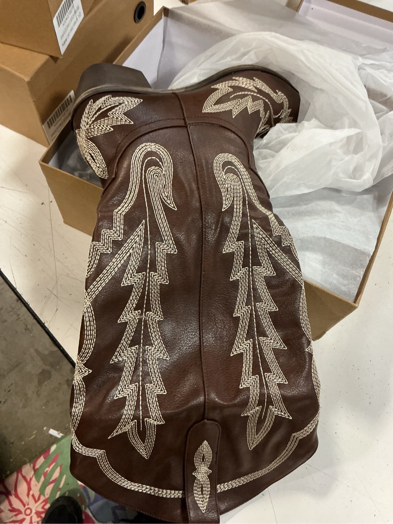 Condition photo showing Good Condition for olomisa over the knee cowboy boots for women embroidery cowgirl boots chunky heel side zipper boots thigh high western boots 7 knee high-brown